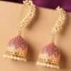 Gold-Toned & Pink Meenakari Enamel Pearls Ethnic Jhumka - Image 2