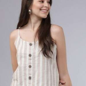 Women Beige Striped Tank Pure Cotton Top